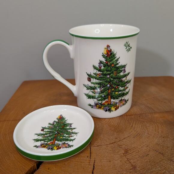 Spode Christmas Tree Mug & Coaster Set Festive Holiday Gift Decoration Cocoa Tea - Picture 1 of 7